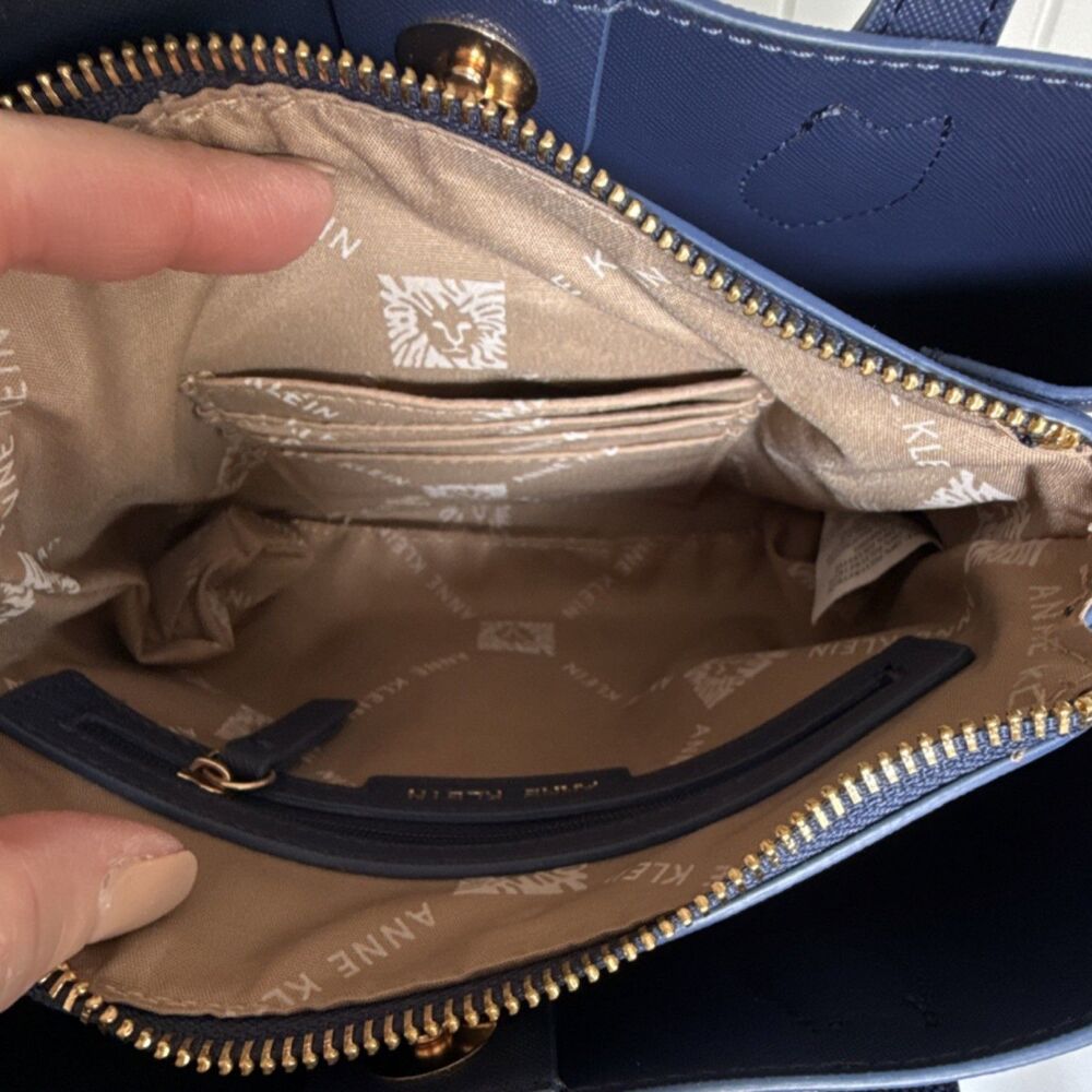 Anne Klein Navy Blue Satchel Gold Hardware Detachable Adjustable Strap Pockets - Picture 8 of 13